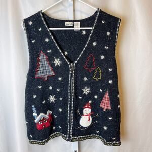 VTG NorthCrest XL (18) Christmas Sweater Vest Zip Front Snowman Trees Wool Twee
